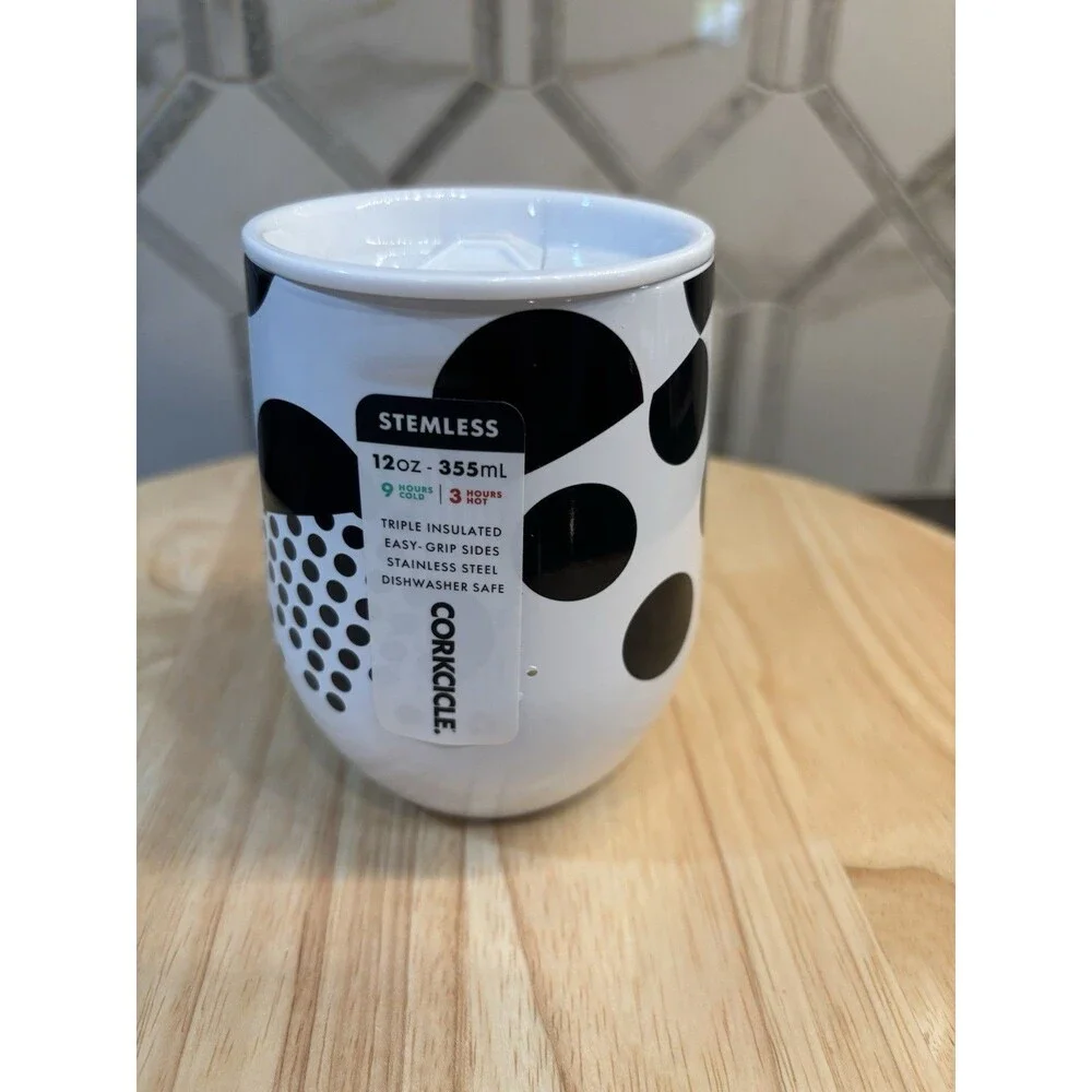 Corkcicle Monodot White Black Stemless Insulated Drinkware 12 OZ  NEW